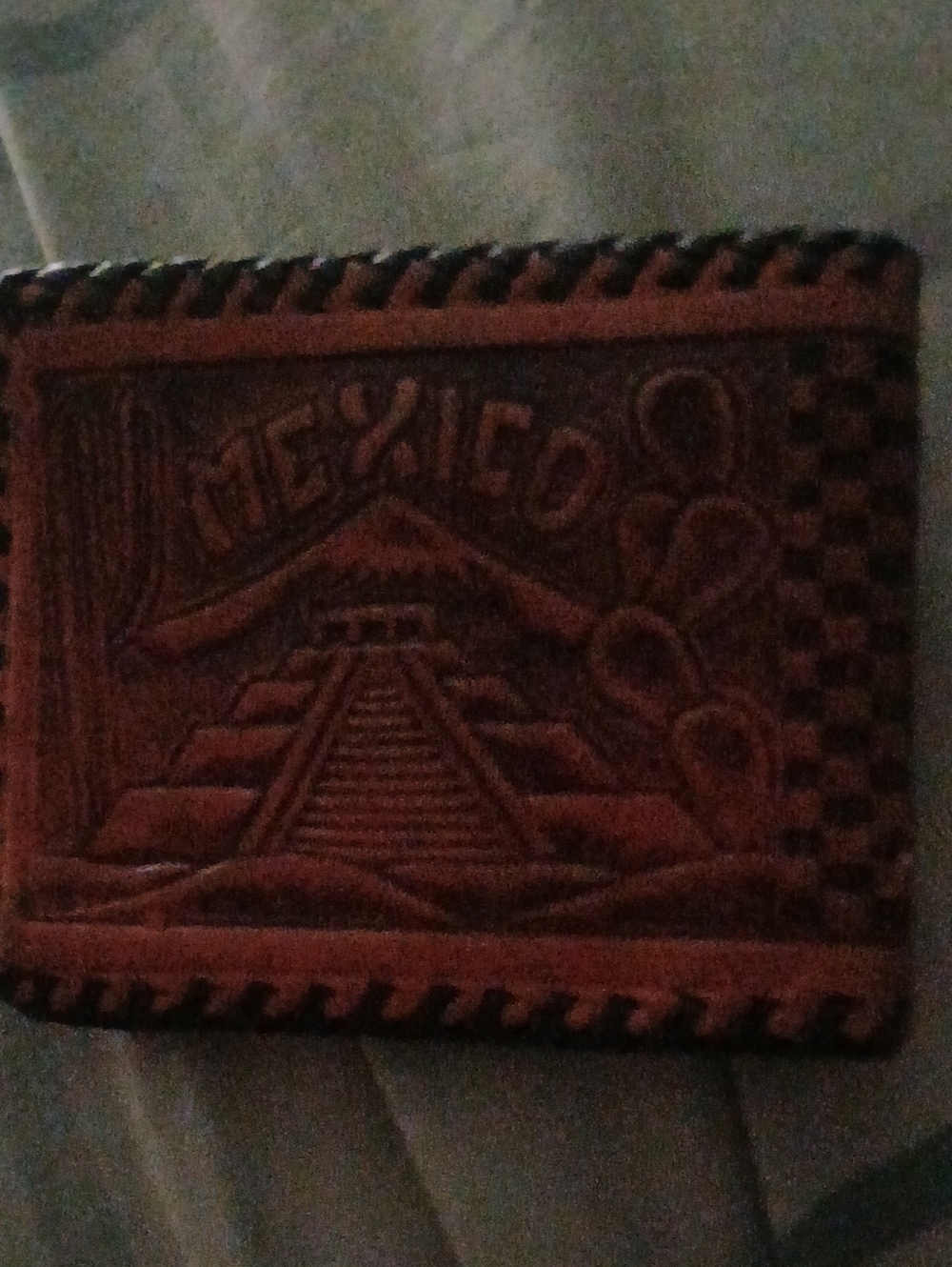 Mexico Hand-Tooled Leather Wallet with Mexico Pyramid Design - Brown